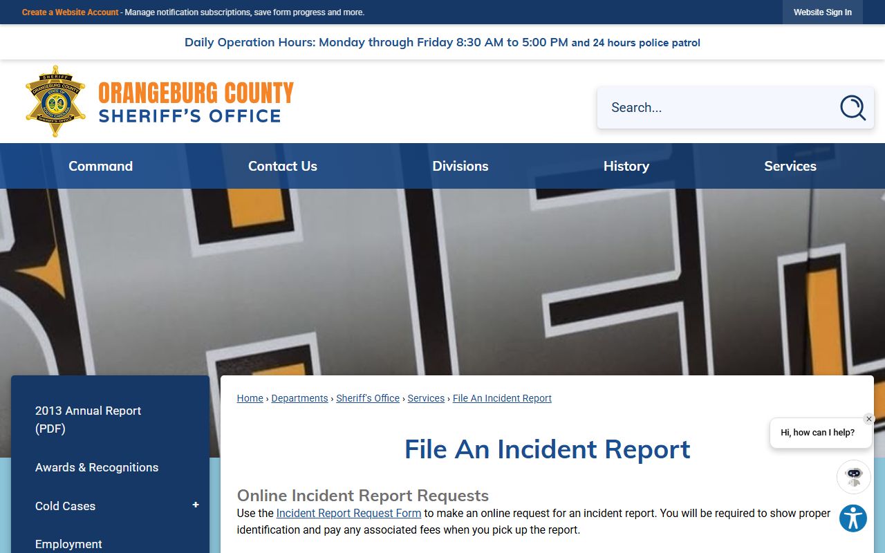 Orangeburg County inmate records incident report request page